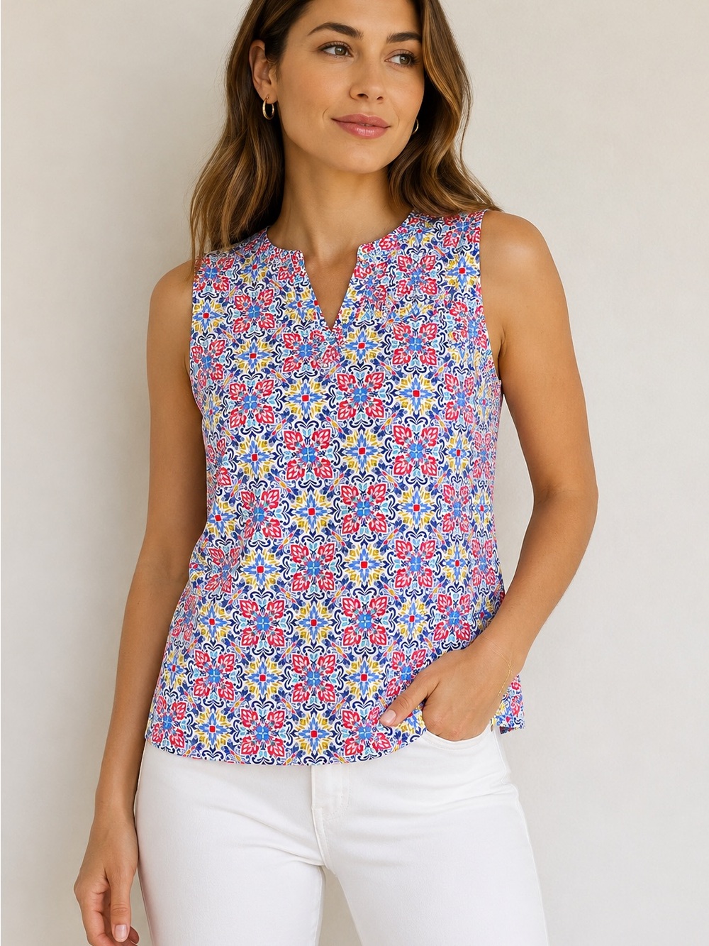 Talbots Split Neck Sleeveless Knit Top Geometric Floral Size Large Multicolor